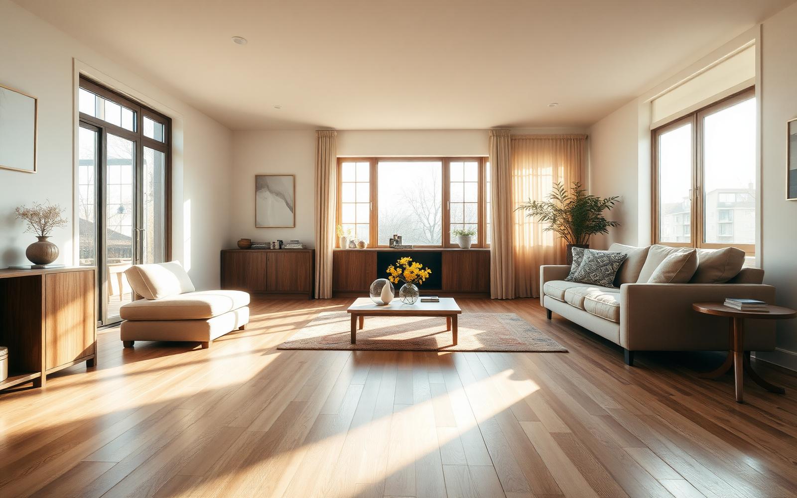 Wide plank oak hardwood floor in a sunlit living room